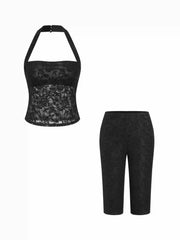 Lace Halter Neckline Sleeveless Top & Lace Bermuda Shorts Set