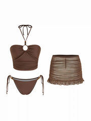 Halter Neckline Knotted Beaded Tankini Tie Side 3 Piece Bikini Sets