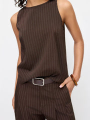 Striped Sleeveless Top & Mid Rise Straight Leg Belted Trousers Set