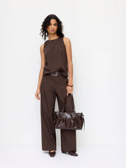 Striped Sleeveless Top & Mid Rise Straight Leg Belted Trousers Set