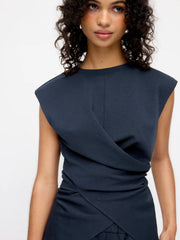 Cotton-blend Round Neck Twist Top & Mid Rise Wide Leg Trousers Set