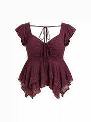 Lace Sweetheart Ruffle Hem Knotted Short Sleeve Top Curve & Plus