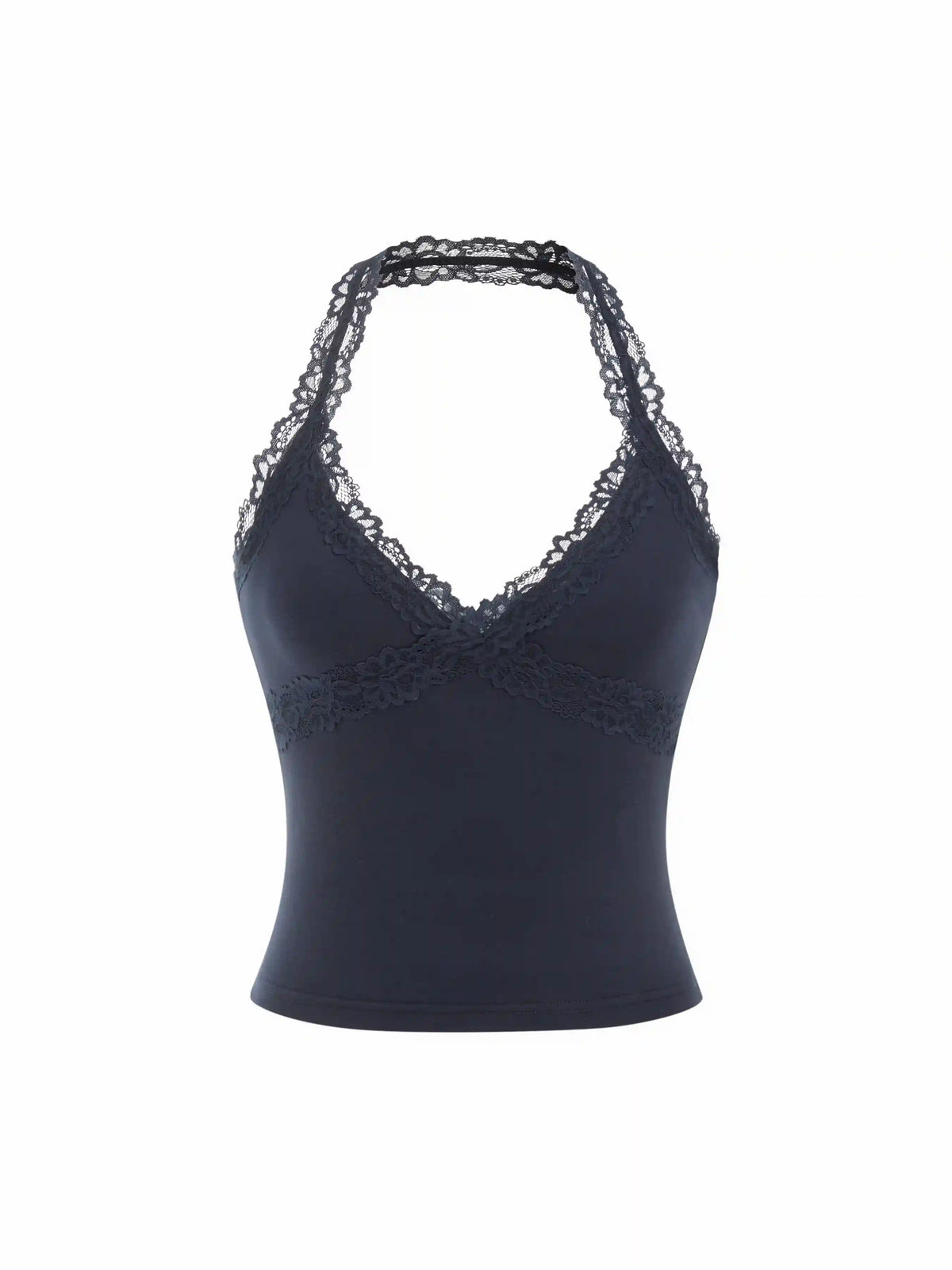 Cotton-blend Halter Neck Lace Trim Slim Cami Top