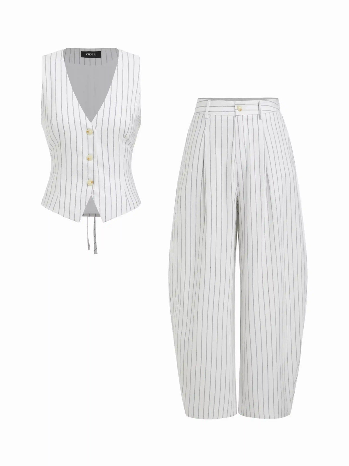Linen-blend V-neck Striped Sleeveless Top & Mid Rise Tapered Trousers Set