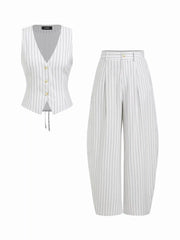 Linen-blend V-neck Striped Sleeveless Top & Mid Rise Tapered Trousers Set