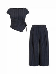 Striped Boat Neck Wrap Top & Mid Rise Wide Leg Trousers Set Curve & Plus