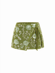 Sequin Floral Wrap Knotted Low Rise A-line Mini Skirt