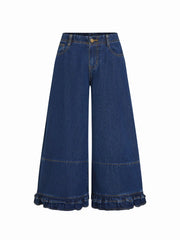 Washed Denim Low Rise Elastic Waist Wide Leg Cropped Bloomer Jeans