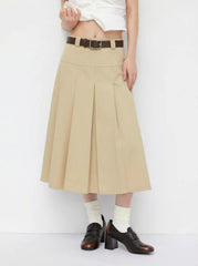 100%Cotton High Rise Pleated Midi Skirt With Belt