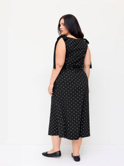 Cotton-blend Polka Dot Boat Neck Bowknot Ruched Midi Dress Curve & Plus