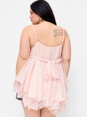 Chiffon Ruffle Hem Knotted Layered Mesh Cami Top Curve & Plus