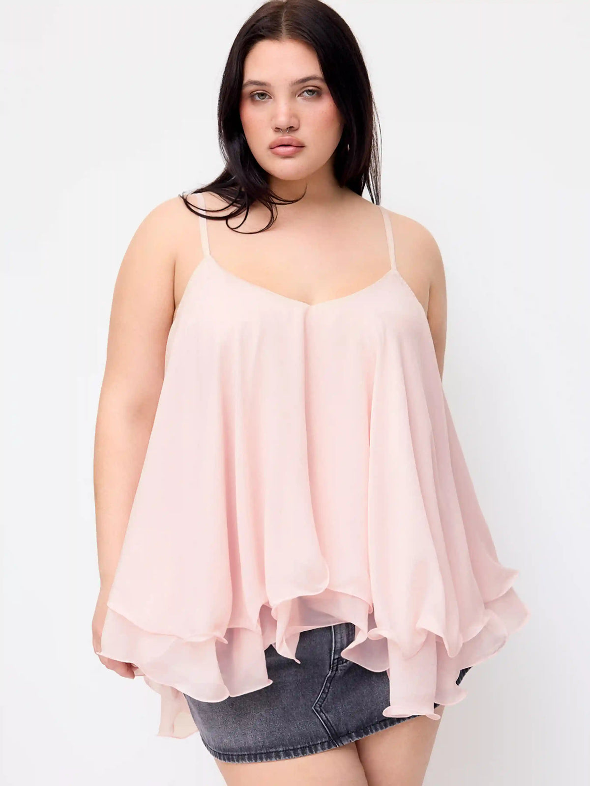 Chiffon Ruffle Hem Knotted Layered Mesh Cami Top Curve & Plus