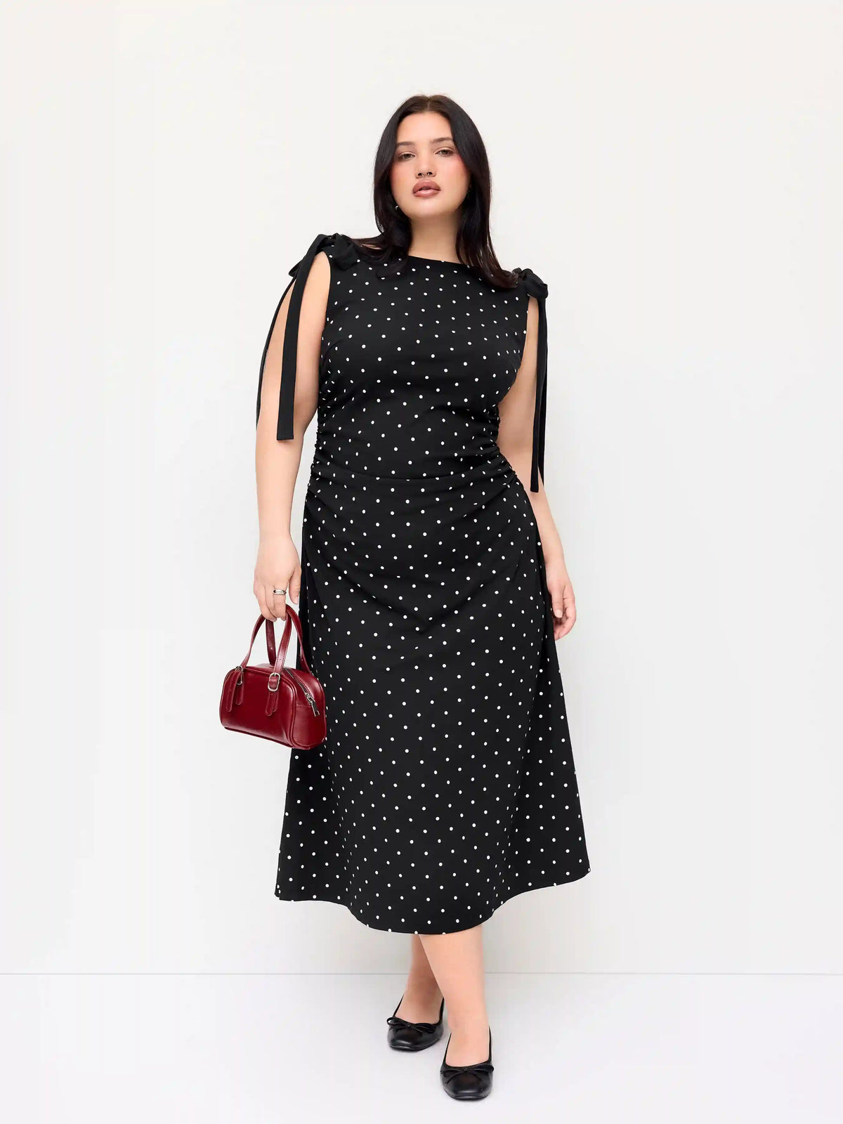 Cotton-blend Polka Dot Boat Neck Bowknot Ruched Midi Dress Curve & Plus