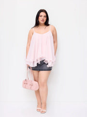 Chiffon Ruffle Hem Knotted Layered Mesh Cami Top Curve & Plus