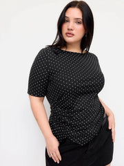 Polka Dot Boat Neck Ruched Top Curve & Plus