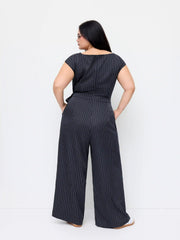 Striped Asymmetrical Hem Zip Through Knotted Wide Leg Jumpsuit Curve & Plus