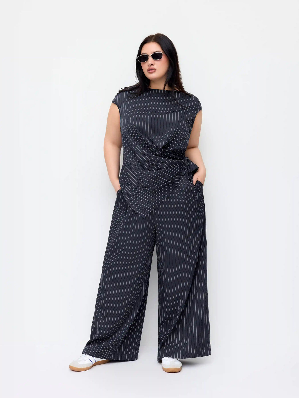Striped Asymmetrical Hem Zip Through Knotted Wide Leg Jumpsuit Curve & Plus