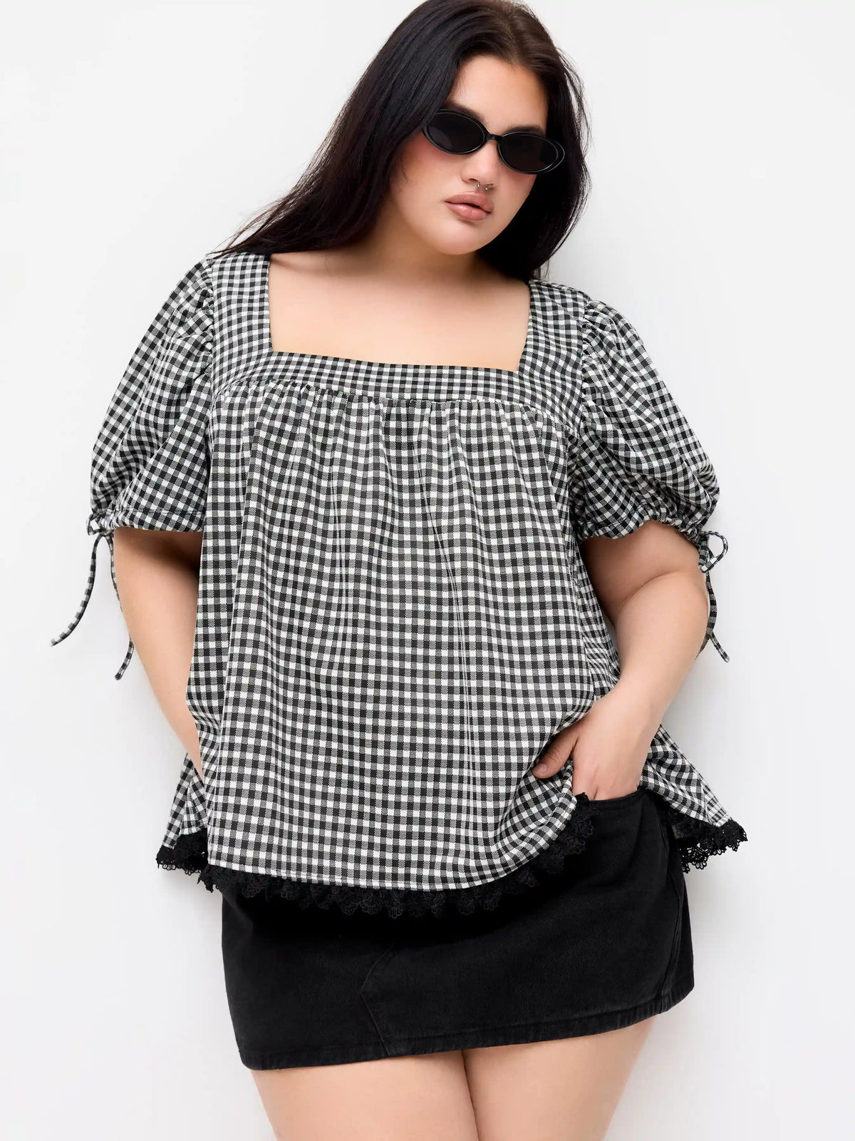 Gingham Square Neck Puff Sleeve Drawstring Blouse Curve & Plus
