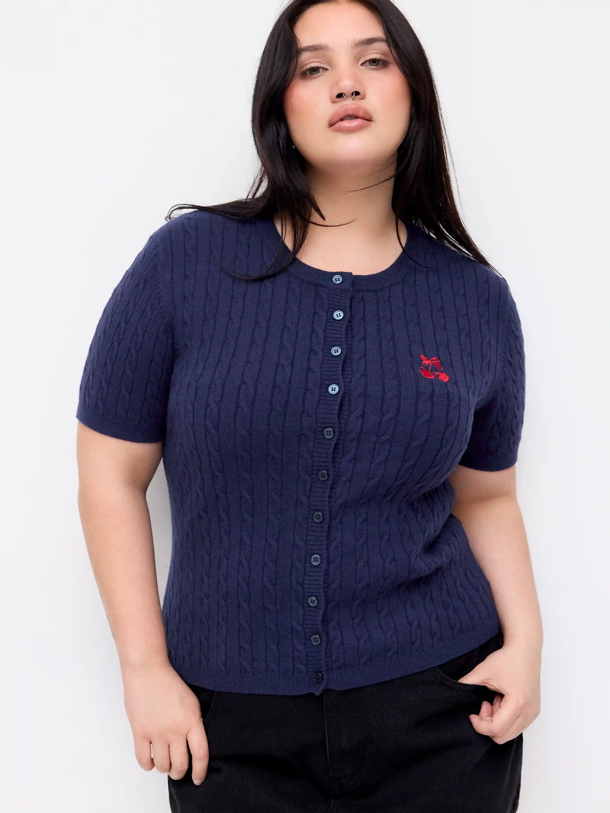 Cable Knit Cherry Embroidery Top Curve & Plus