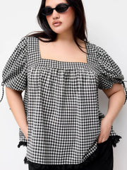 Gingham Square Neck Puff Sleeve Drawstring Blouse Curve & Plus