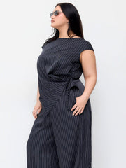 Striped Asymmetrical Hem Zip Through Knotted Wide Leg Jumpsuit Curve & Plus