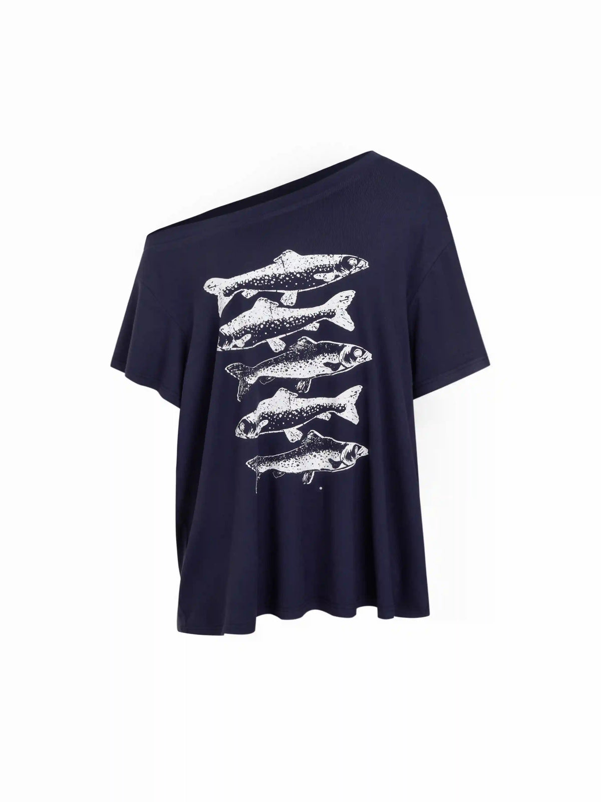 High Stretch Asymmetrical Neck Fish Graphic Oversized Short Sleeve Tee