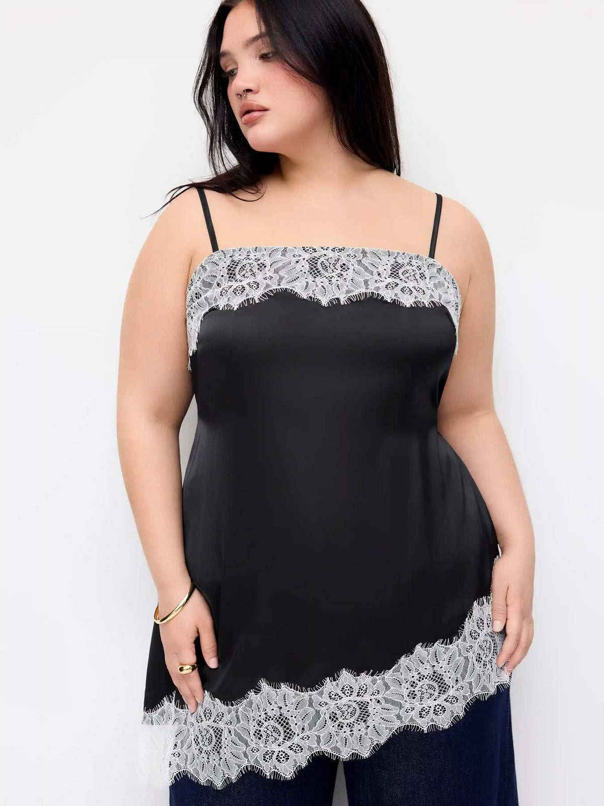 Satin Square Neck Lace Panel Asymmetrical Cami Top Curve & Plus