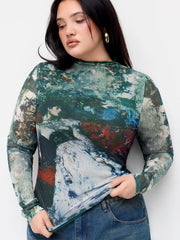 Mesh Oil Painting High Neck Lettuce Trim Bodysuit Curve & Plus
