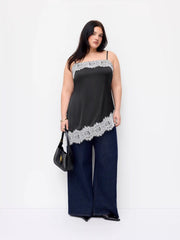 Satin Square Neck Lace Panel Asymmetrical Cami Top Curve & Plus