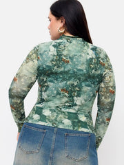Mesh Oil Painting High Neck Lettuce Trim Bodysuit Curve & Plus