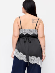 Satin Square Neck Lace Panel Asymmetrical Cami Top Curve & Plus