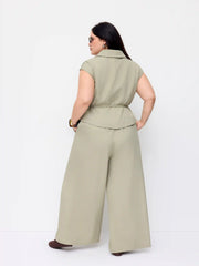 Collar Peplum Waist Tie Front Straight Leg Jumpsuit Curve & Plus