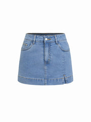 Washed Denim High Rise Slim Leggings Micro Shorts with Metal Detail