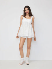 Square Neck Lace Bowknot Oversized Top & Mid Rise Ruffled Shorts Set