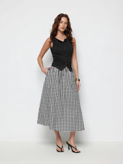 Cotton Button Top & Gingham A-line Maxi Skirt Set