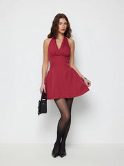 Halter Neck Pleated A-line Mini Dress