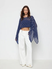 Chiffon Polka Dot Boat Neck Cloak Sleeve Oversized Poncho Blouse & Bandeau