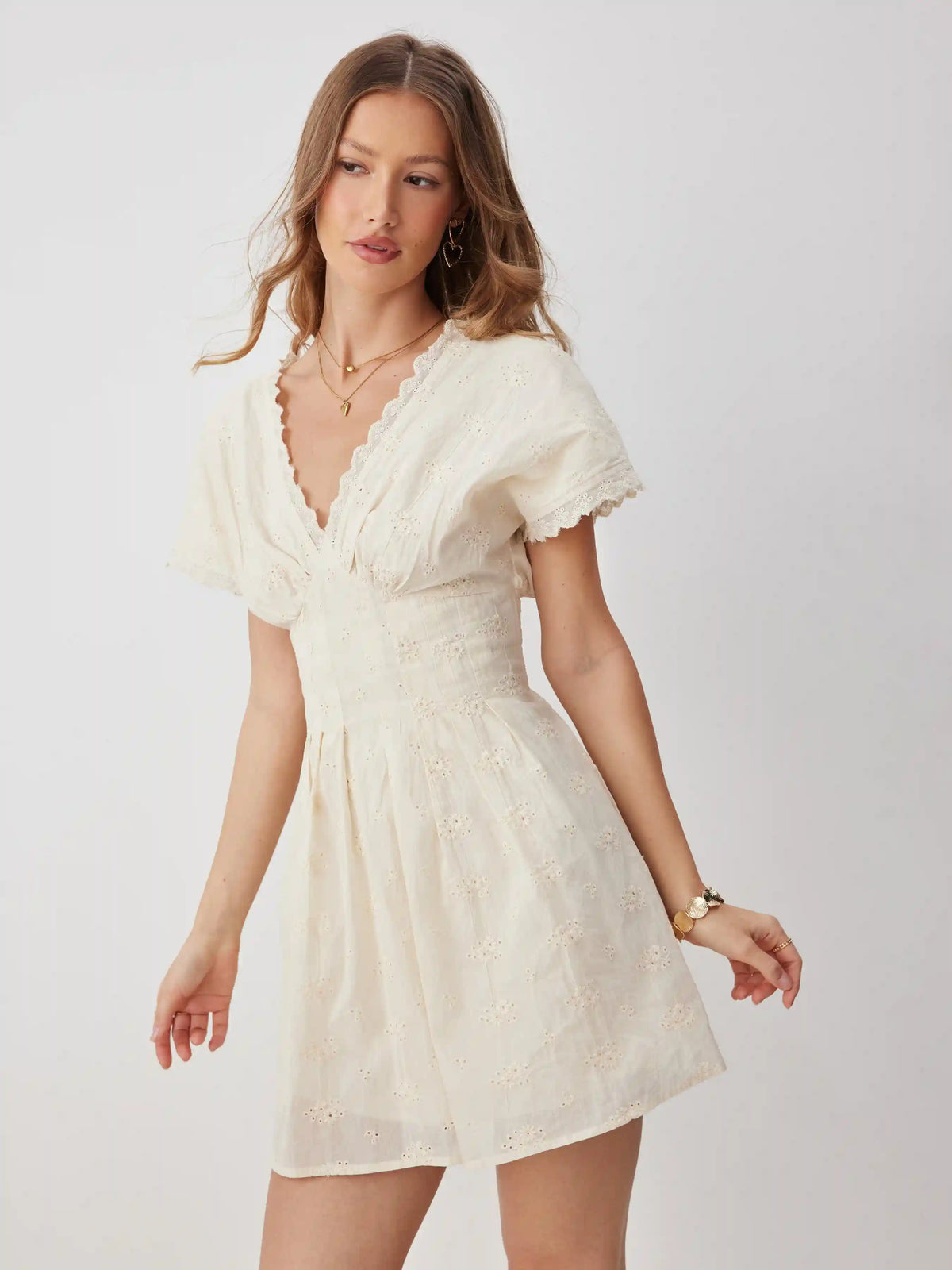 Cotton V-neck Batwing Sleeve Eyelet Flared Mini Dress