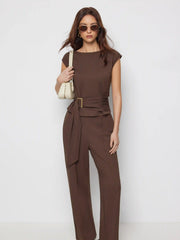 Boat Neck Metal Detail Belted Ruched Top & Mid Rise Straight Leg Trousers Set