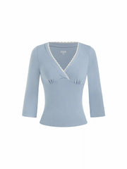 Viscose-blend V-neck Lace Panel 3/4 Long Sleeve Tee