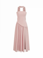 Chiffon Sculptural Halter Neckline Lace Up Maxi Bobycon Dress With Scarf