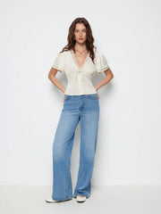 Lace Trim V-Neck Drawstring Short Sleeve Blouse