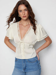 Lace Trim V-Neck Drawstring Short Sleeve Blouse