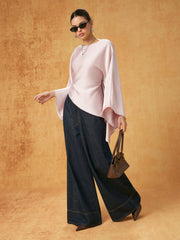 Satin Boat Neck Bell Sleeve Asymmetrical Blouse