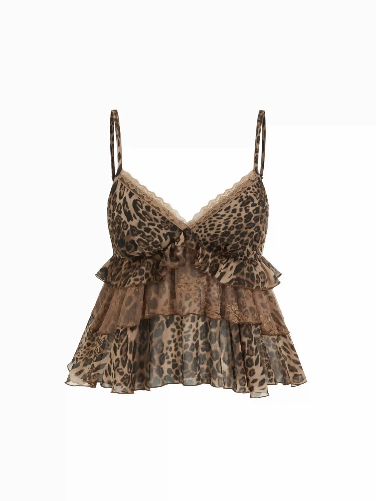 Chiffon Leopard V-neck Lace Trim Cami Top Curve & Plus