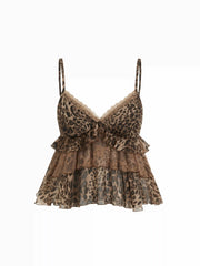 Chiffon Leopard V-neck Lace Trim Cami Top Curve & Plus