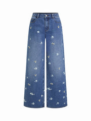 Denim Embroidery Ditsy Floral High Rise Wide Leg Jeans