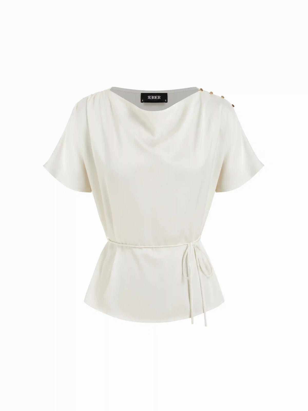 Satin Cowl Neck Metal Detail Tie Waist Blouse