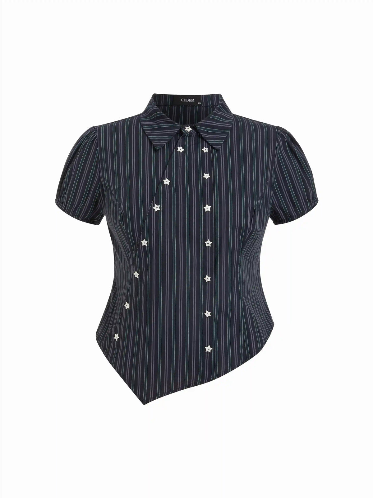 Cotton-blend Striped Collar Asymmetrical Hem Star Button Blouse Curve & Plus