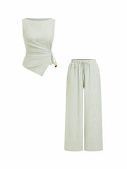 Cotton-blend Boat Neck Wrap Top & Mid Rise Wide Leg Trousers Set